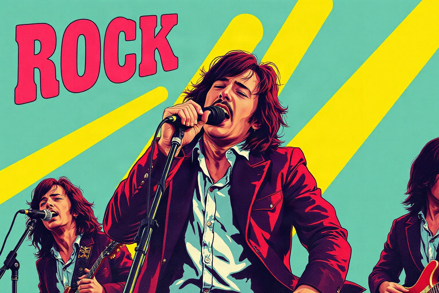 Vintage illustrated concert poster of a rock band frontman singing into a microphone, bold psychedelic colors, non-photorealistic