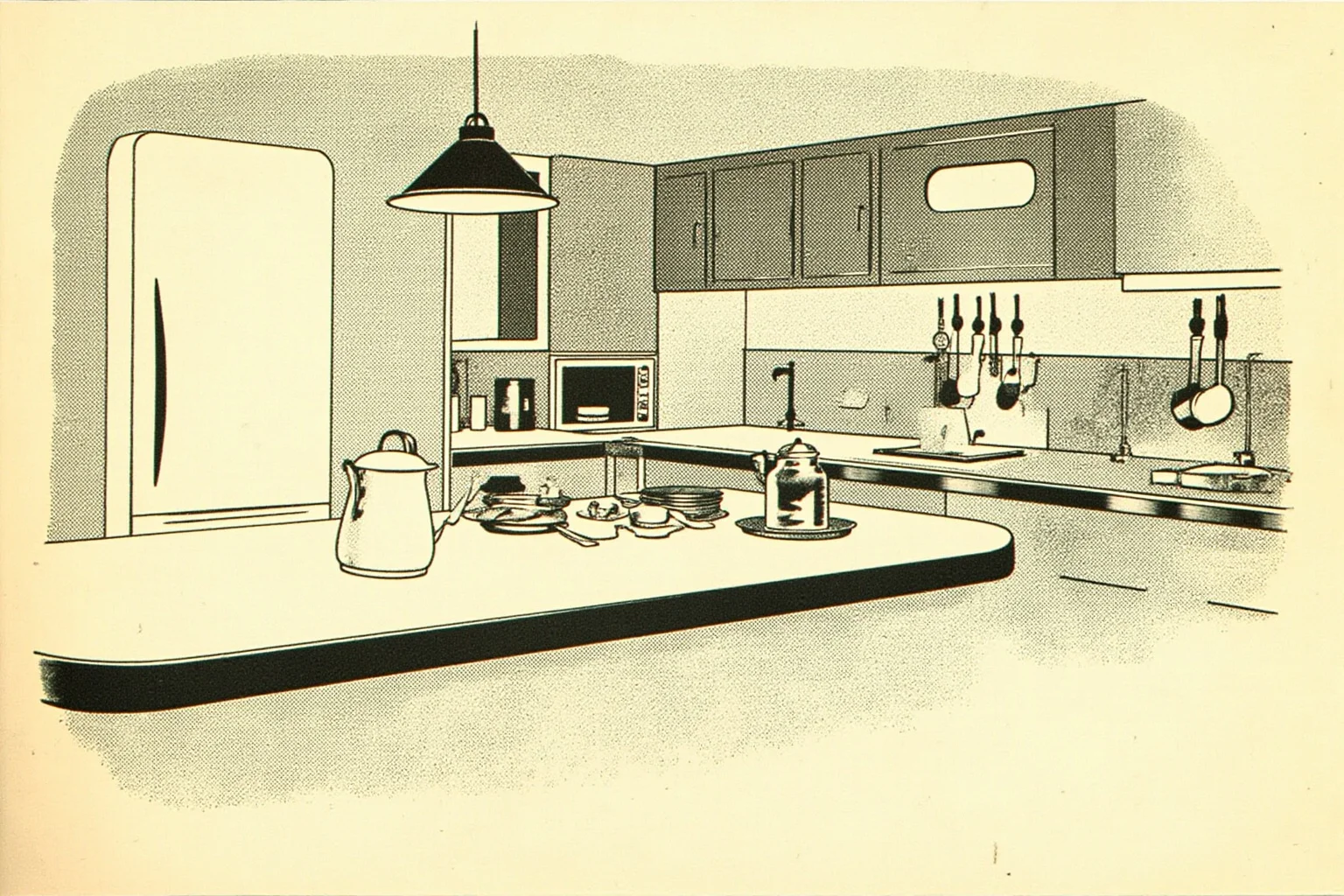 The Worst Inventions of All Time, Ranked 11 Vintage illustration of a 1950s kitchen with a tin of shortening on the counter