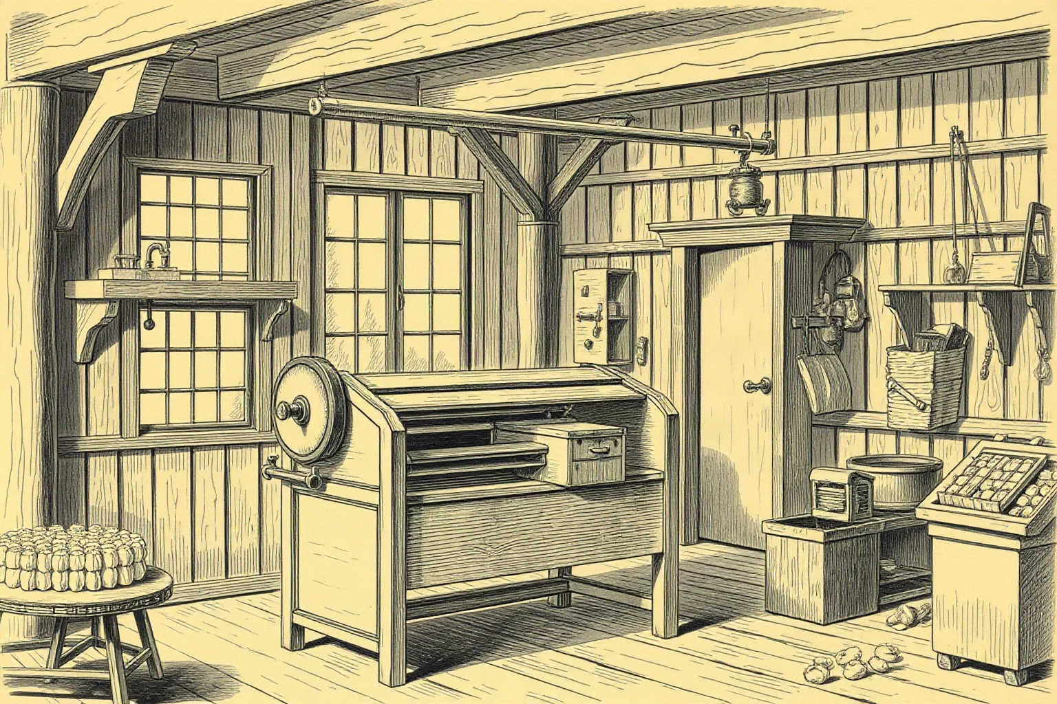 Vintage illustration of a 19th-century cotton gin machine in a rural American workshop