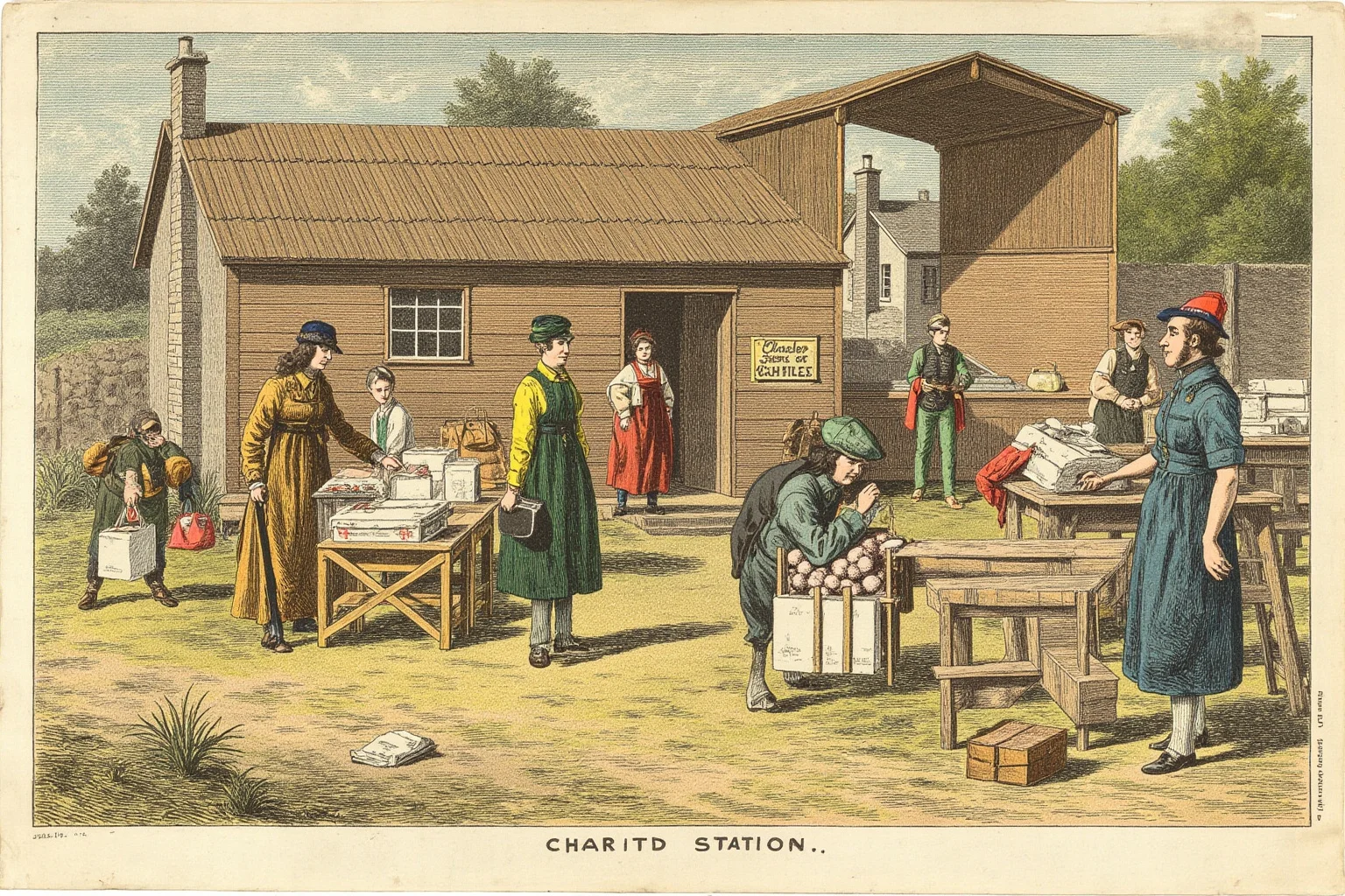 Vintage illustration of a charity aid station with medical supplies and volunteers, early 20th-century humanitarian theme