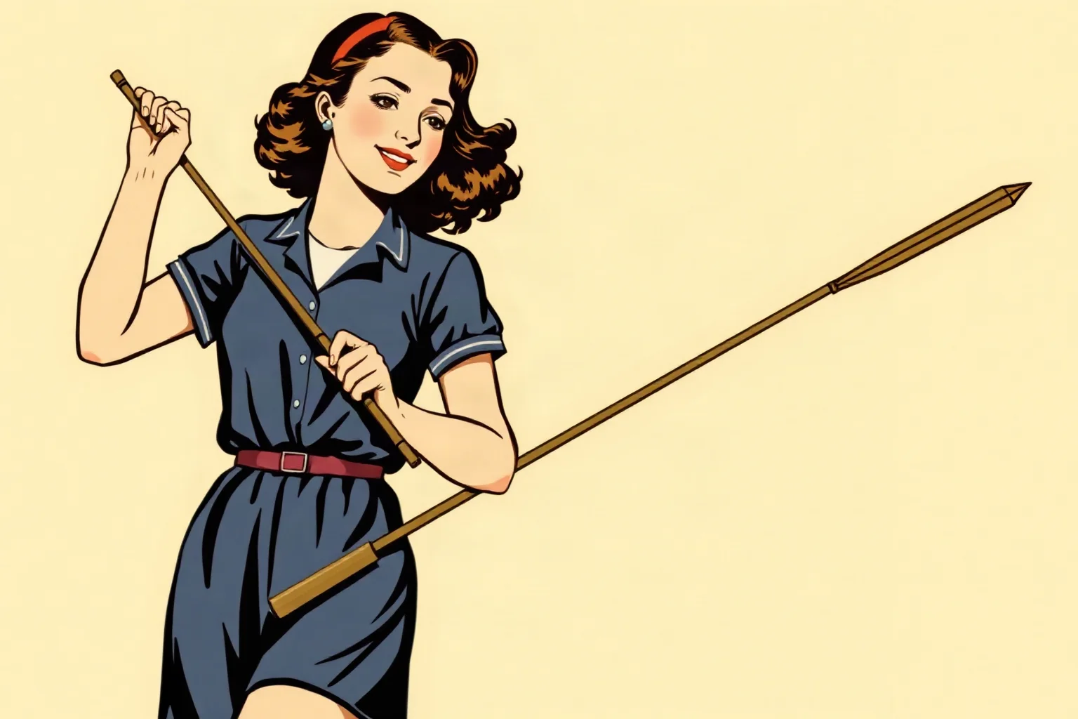 Vintage illustration of a female athlete holding both a golf club and a javelin, 1930s style