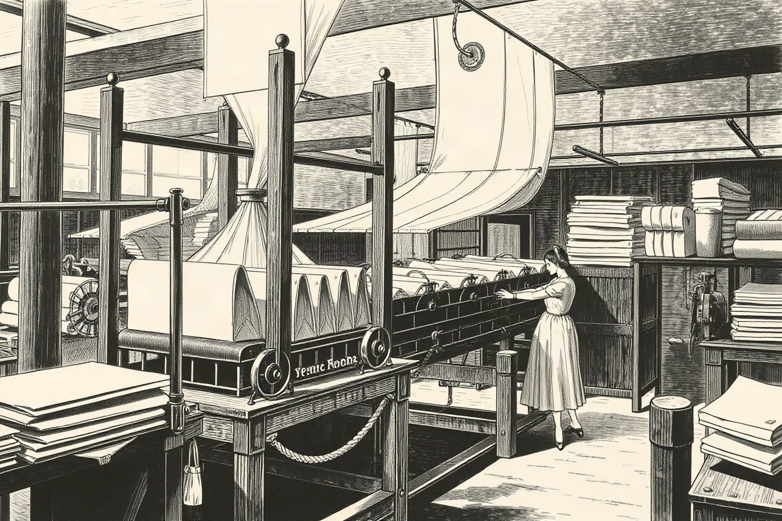Vintage illustration of a folded paper bag machine in a 19th-century factory setting