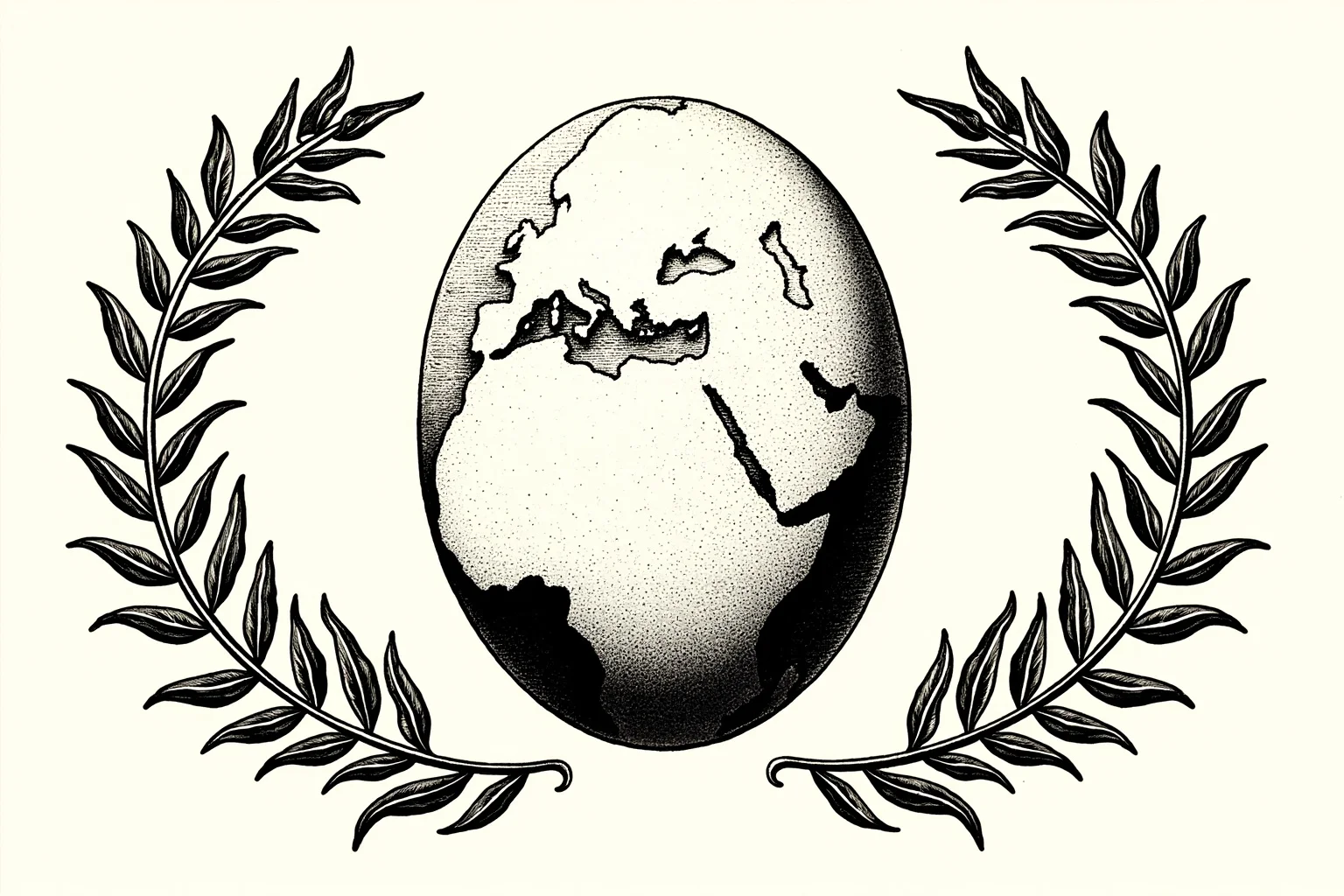Vintage illustration of a globe and laurel wreath symbolizing international recognition, elegant style