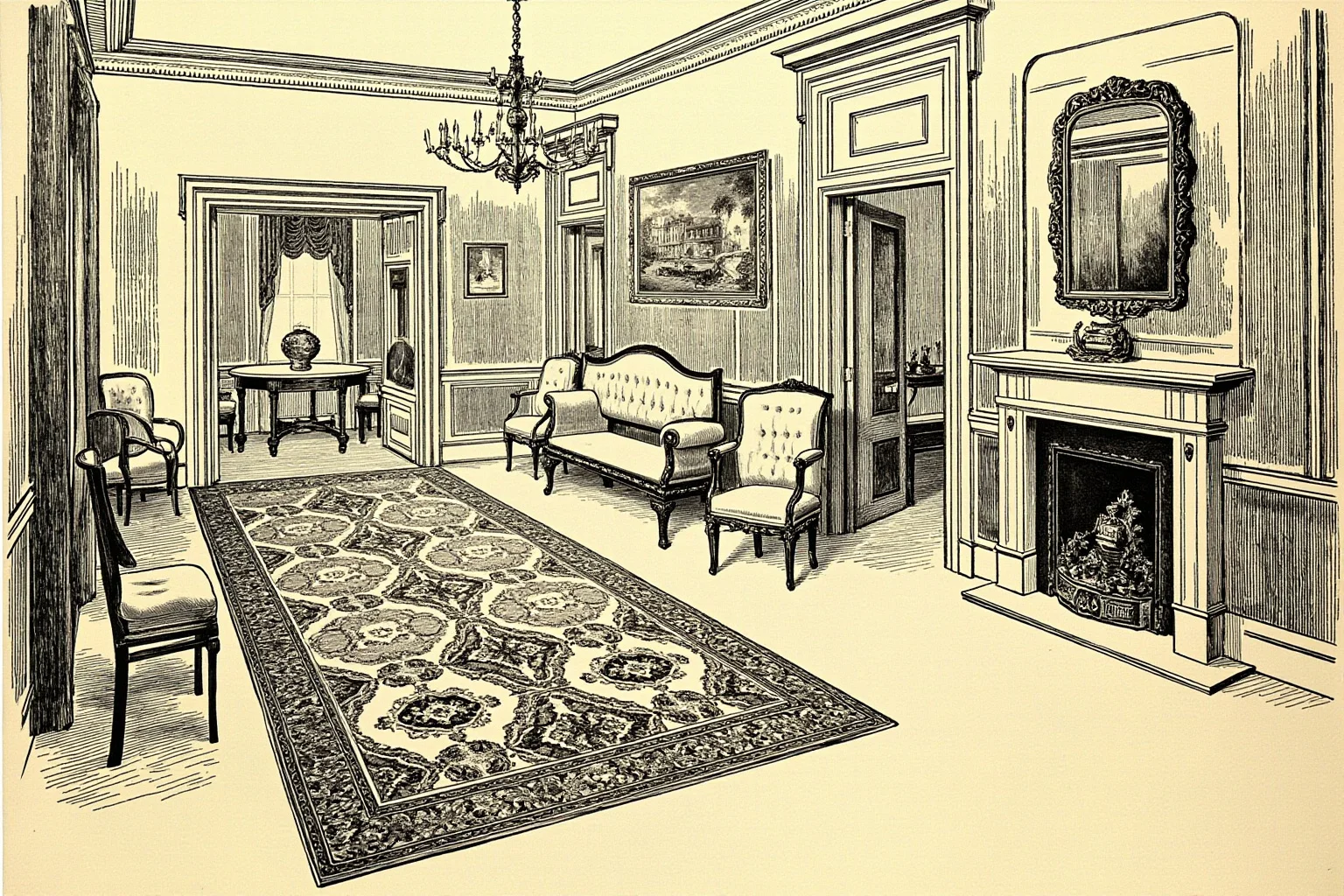 Vintage illustration of a grand White House reception room with formal early 20th-century decor