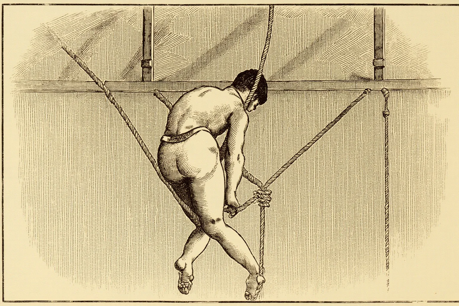 23 Olympic Sports That Don't Exist Anymore (And Why They Vanished) 7 Vintage illustration of a gymnast climbing a thick rope suspended from a wooden gymnasium ceiling