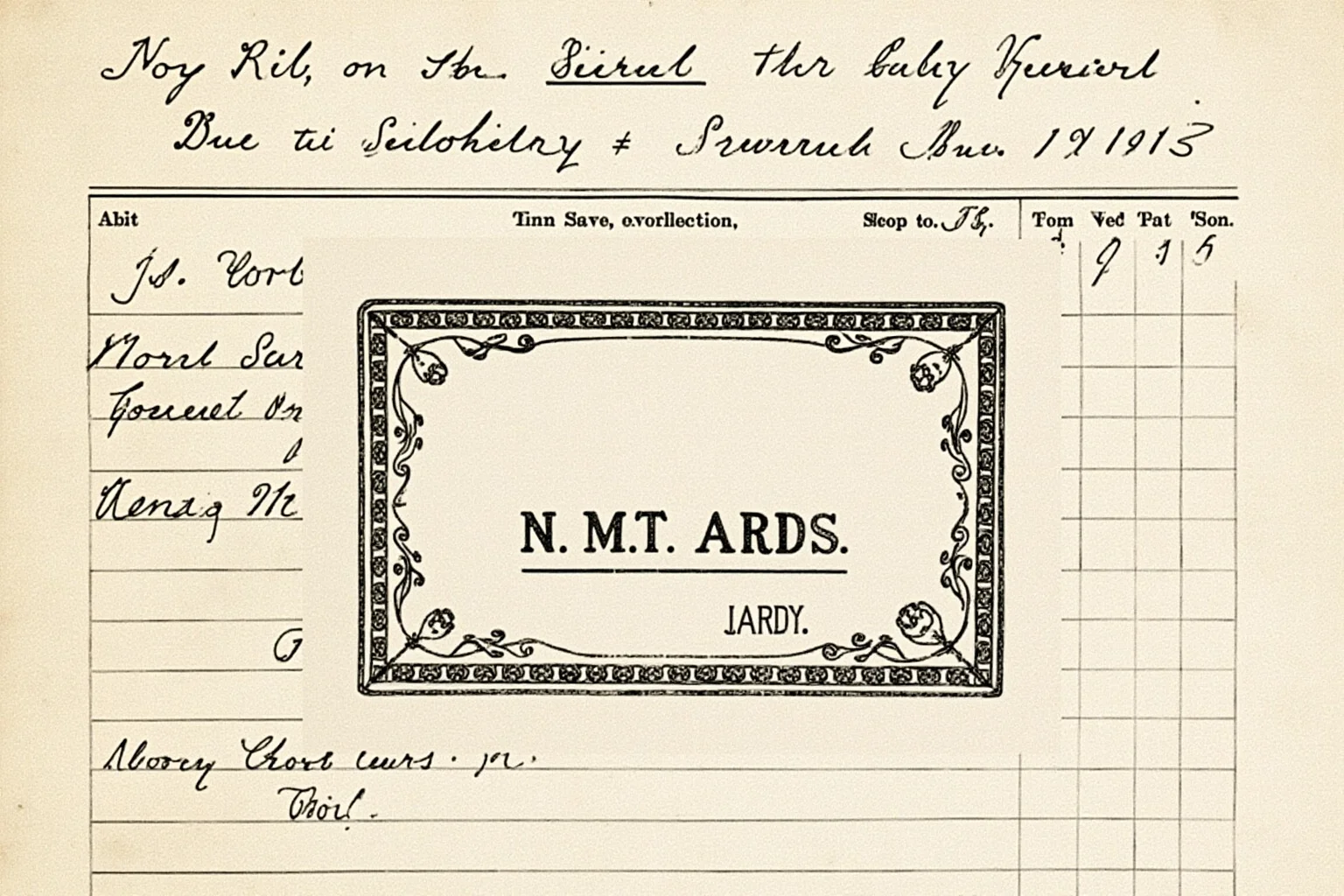 Vintage illustration of a rectangular credit card design against a 19th-century bank ledger backdrop