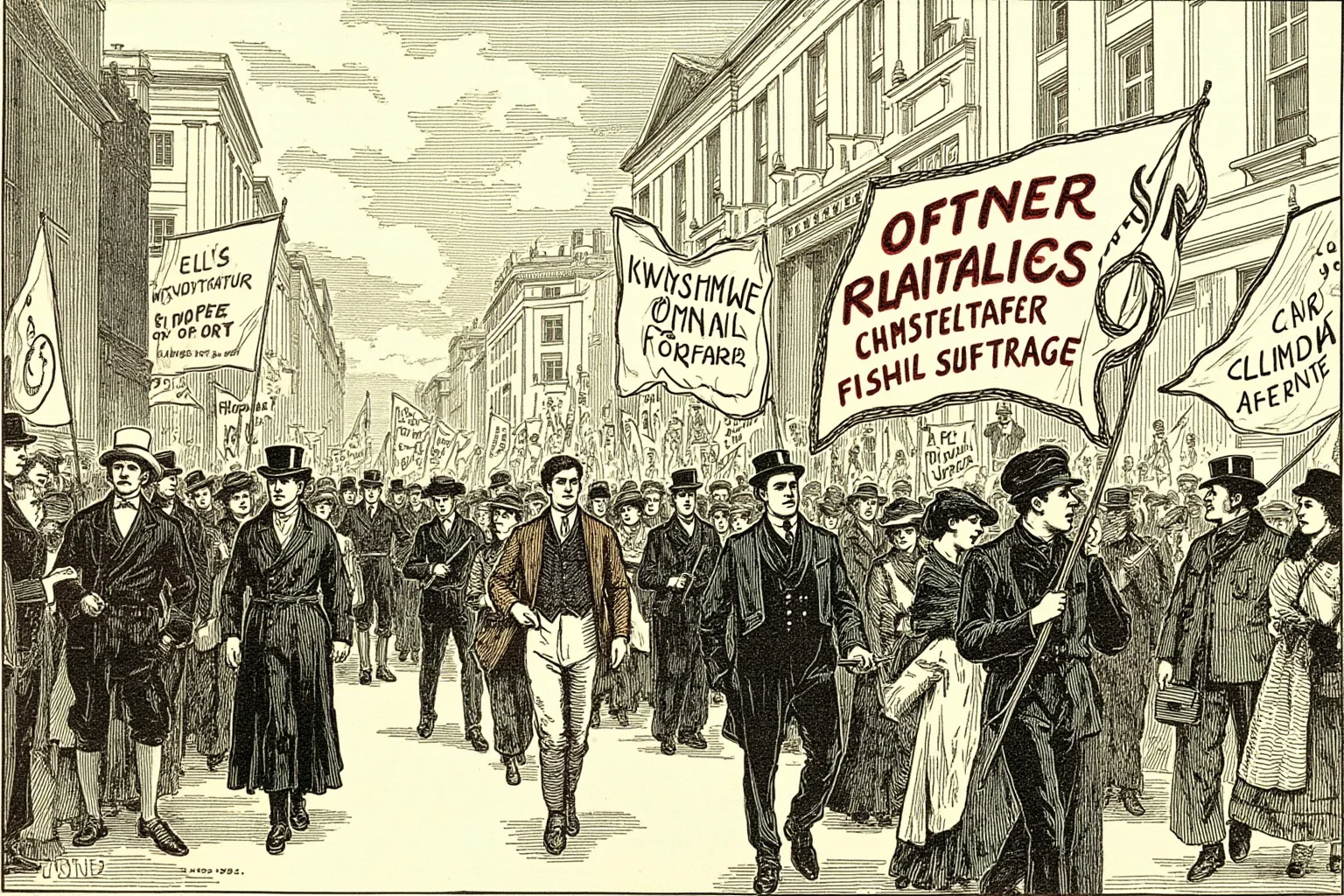 Vintage illustration of a suffrage rally with banners and marchers, early 1900s city street