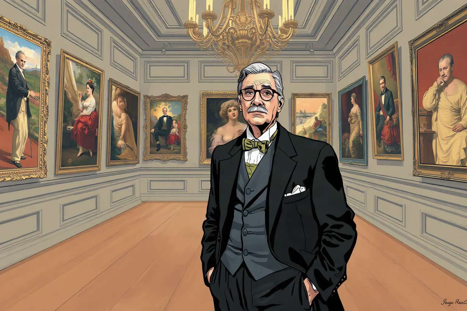 Vintage illustration of a wealthy art collector standing in a grand gallery filled with paintings