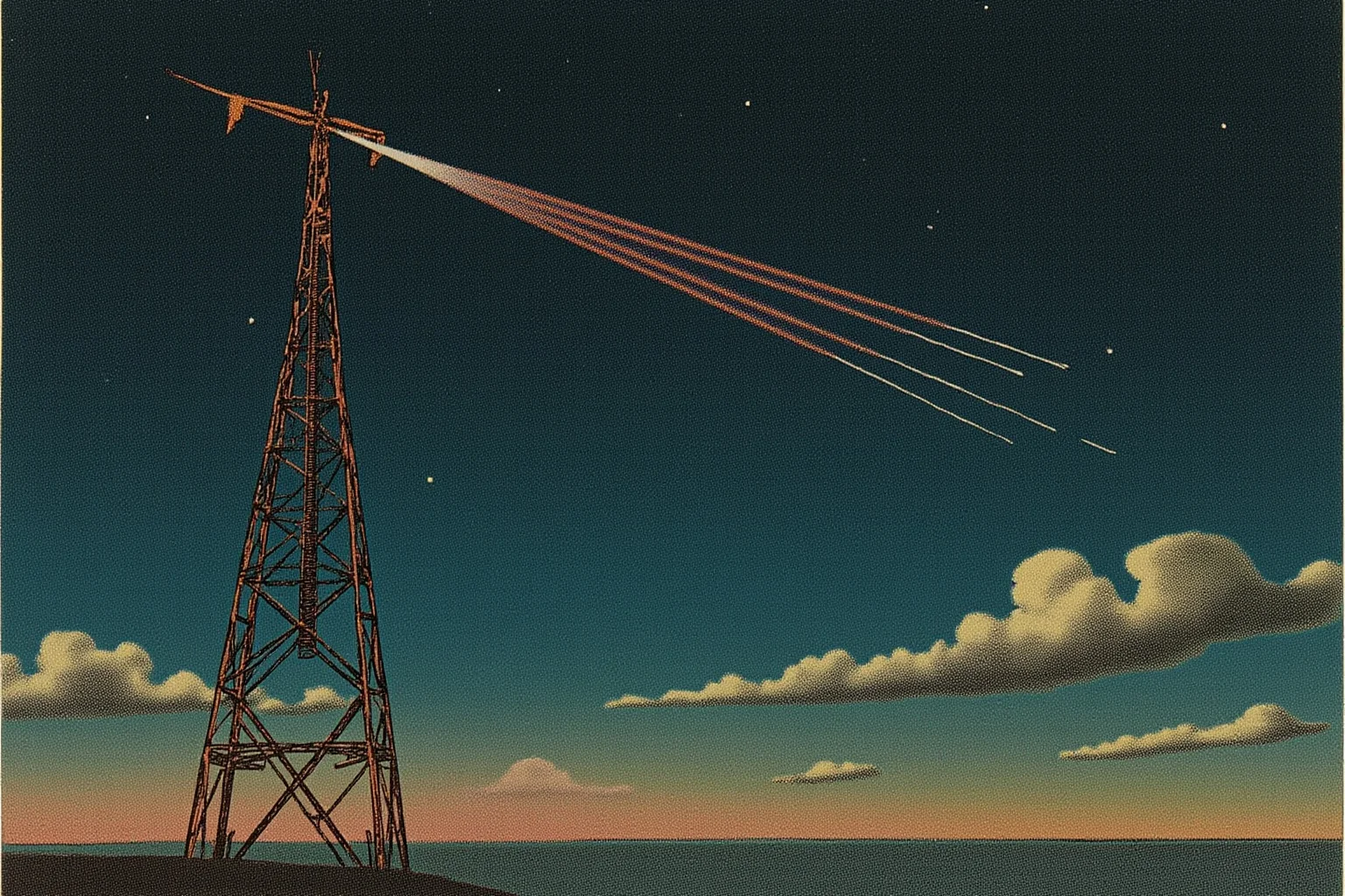 Vintage illustration of a wireless radio tower transmitting signals across a night sky