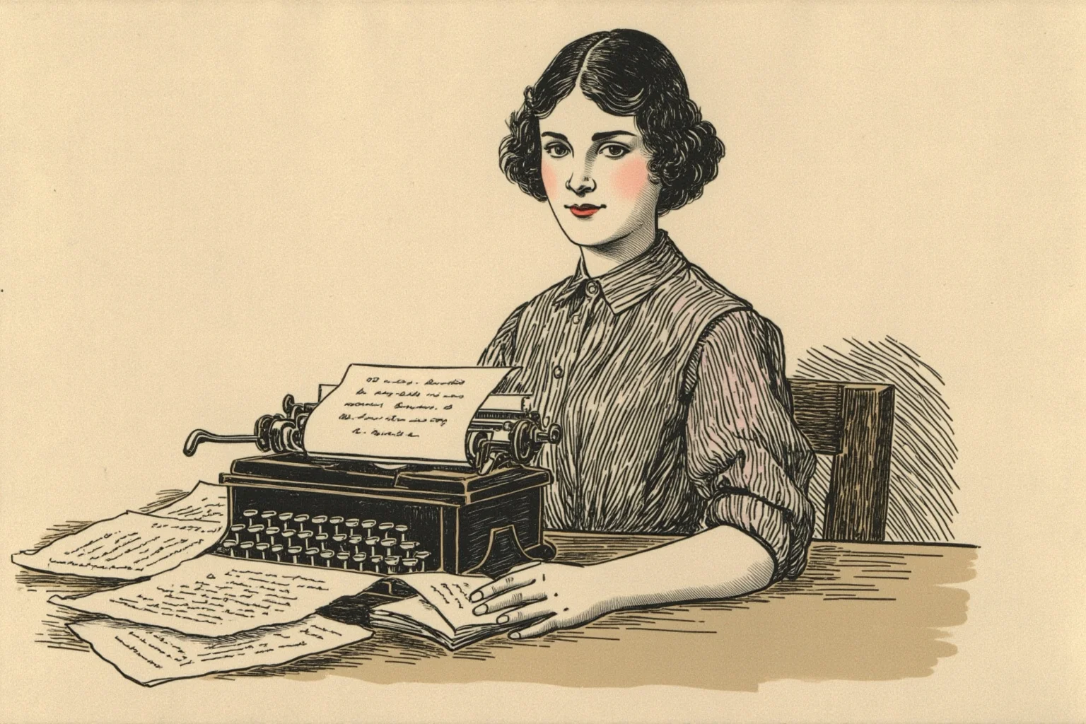 Vintage illustration of a woman at a writing desk with a typewriter and manuscript pages, early 20th-century study