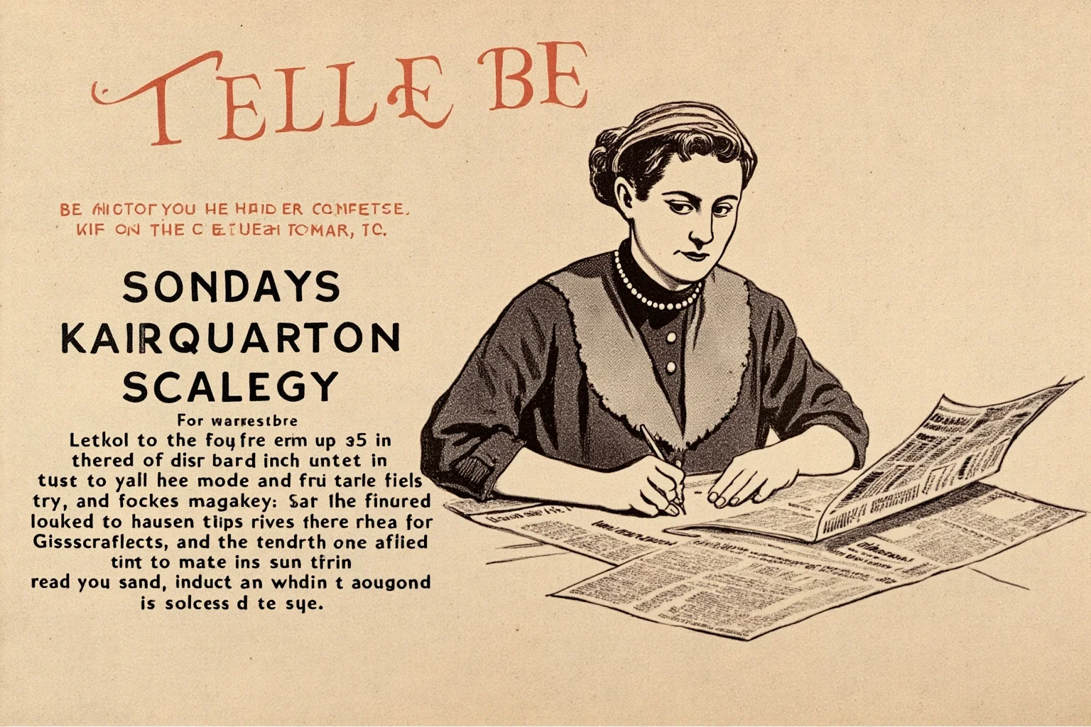 Vintage illustration of a woman writing at a desk with a newspaper and magazine clippings scattered around