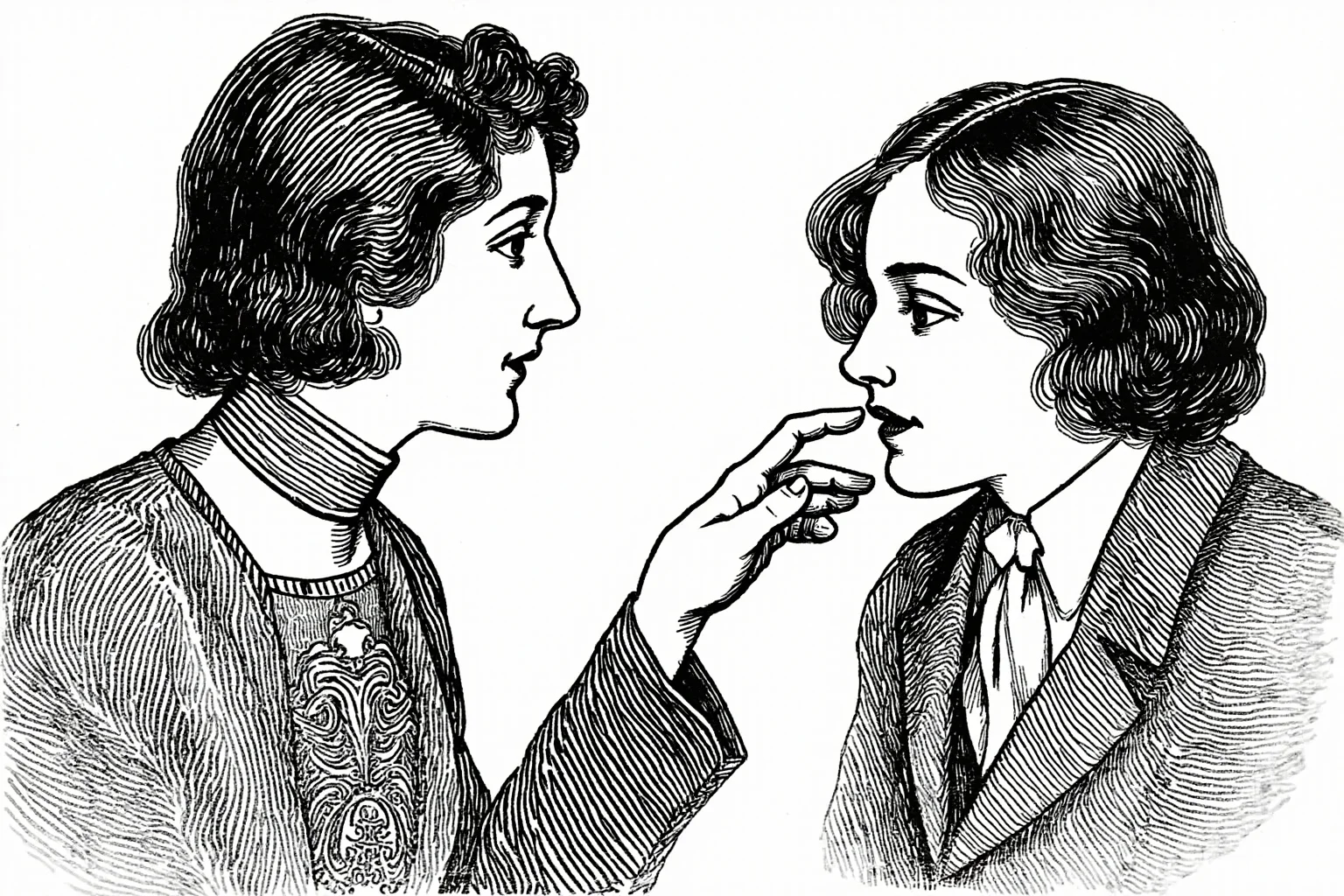 Vintage illustration of a young woman placing her fingers gently on a teacher's lips and throat to learn speech, early 1900s classroom setting