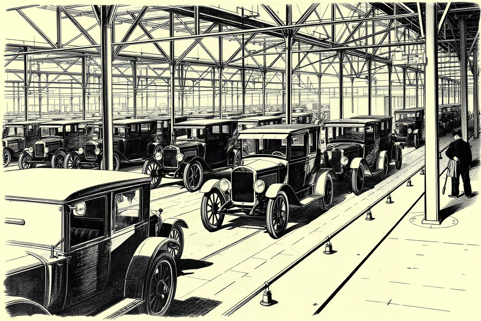 Vintage illustration of an early automobile factory with a moving assembly line producing Model T-style cars