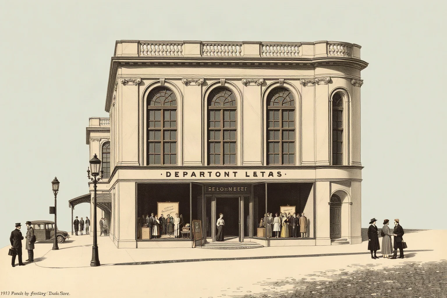Vintage illustration of an elegant 1800s department store with a marble facade and shoppers outside