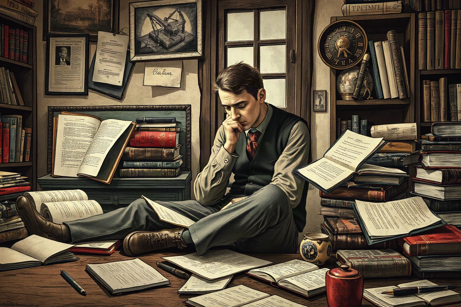 Vintage illustration of an intense 1920s poet surrounded by scattered papers and books in a cluttered Paris study