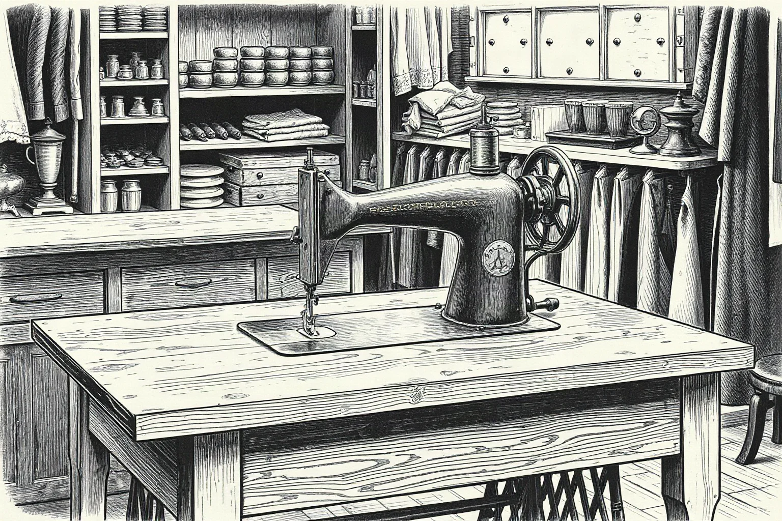 Vintage illustration of an old-fashioned sewing machine on a wooden table in a 19th-century tailor's shop