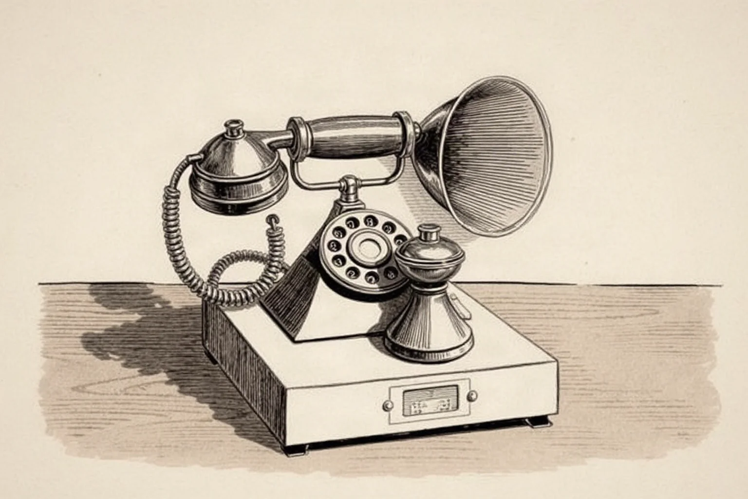 Vintage illustration of an old telephone with a large horn receiver on a wooden desk, 1870s setting