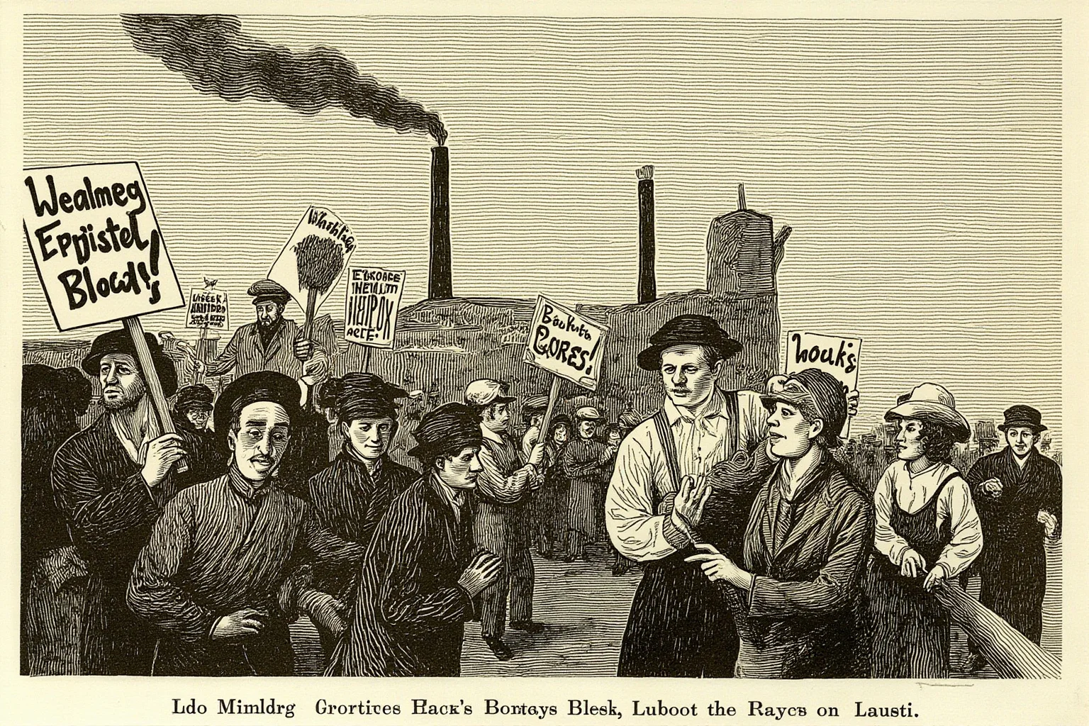 Vintage illustration of factory workers and a labor rally with protest signs, early industrial era