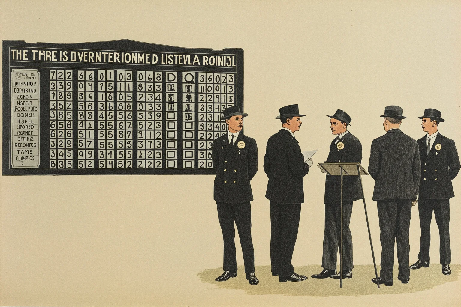 Tug of War Was Once an Olympic Sport—Here's Why It Got Removed 4 Vintage illustration of Olympic officials in early 1900s attire standing beside a track and field scoreboard