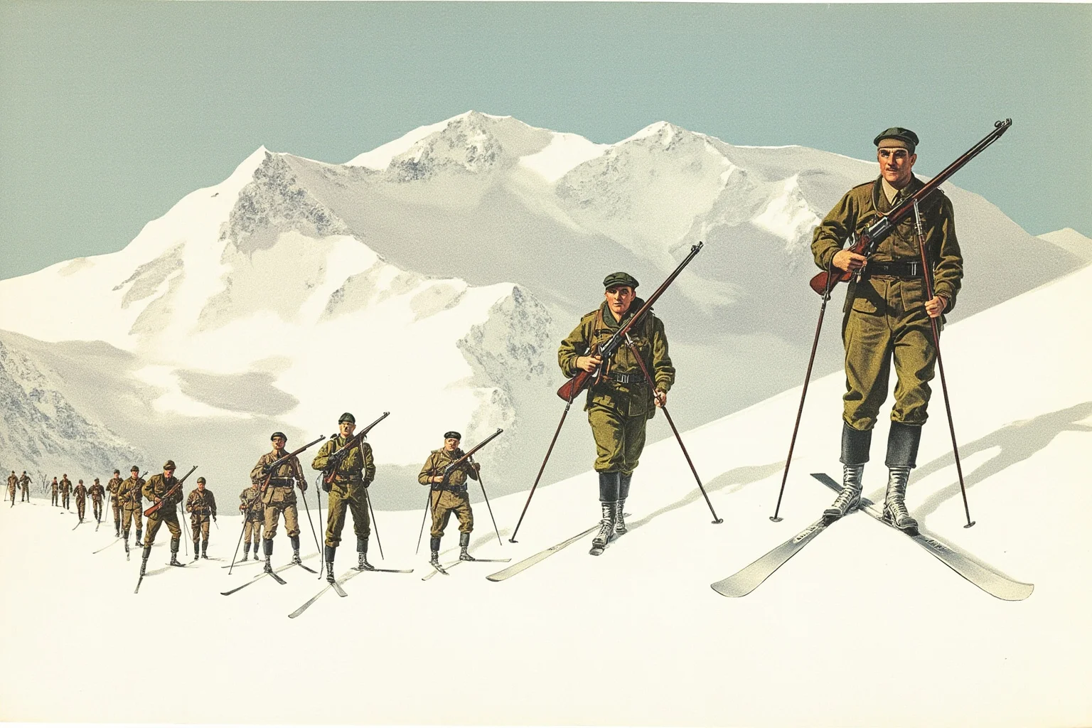 23 Olympic Sports That Don't Exist Anymore (And Why They Vanished) 21 Vintage illustration of skiers with rifles on their backs navigating a snowy mountain patrol course