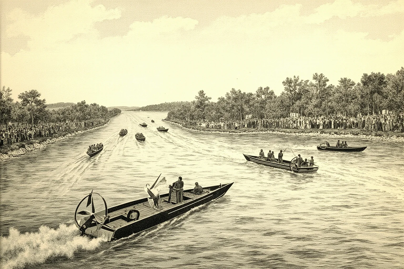 23 Olympic Sports That Don't Exist Anymore (And Why They Vanished) 15 Vintage illustration of small motorboats racing across a river course with spectators watching from the bank