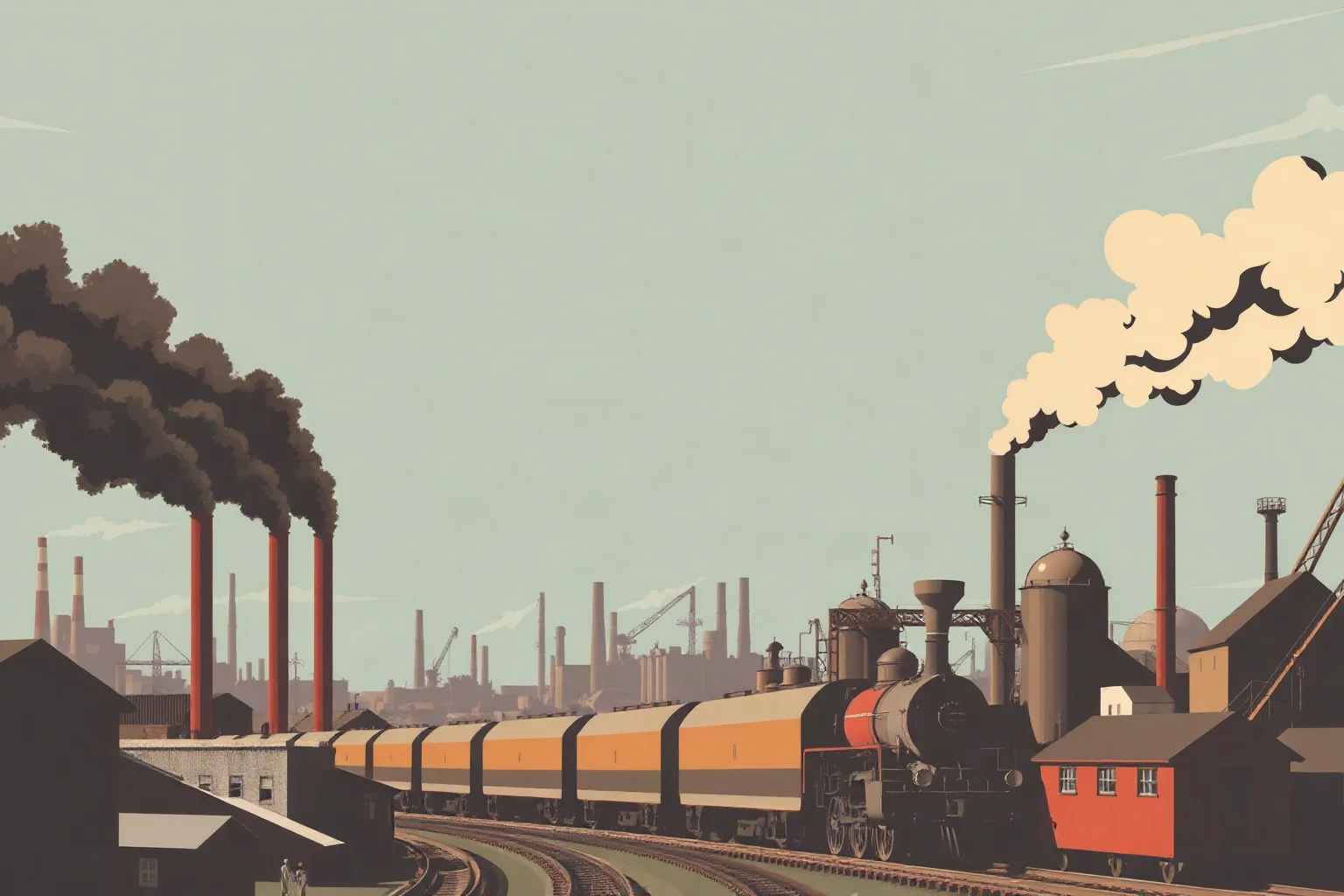 Vintage illustration of smoking factory chimneys and steam locomotives in an industrial city
