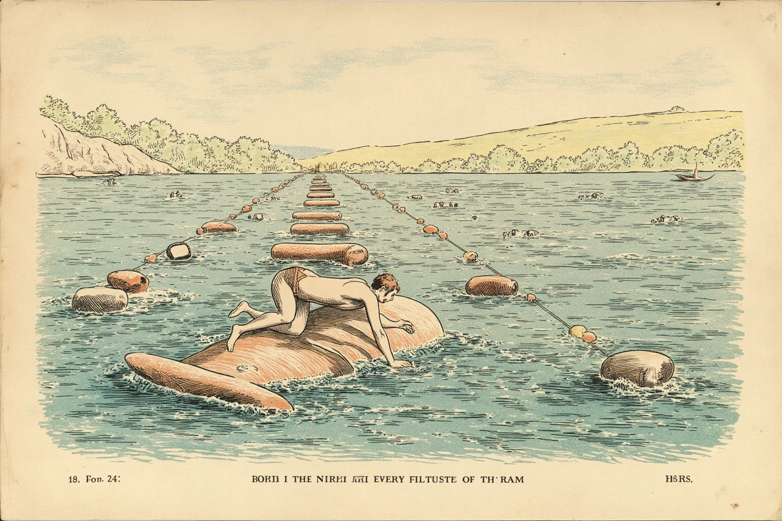 23 Olympic Sports That Don't Exist Anymore (And Why They Vanished) 9 Vintage illustration of swimmers navigating over floating obstacles in a river race