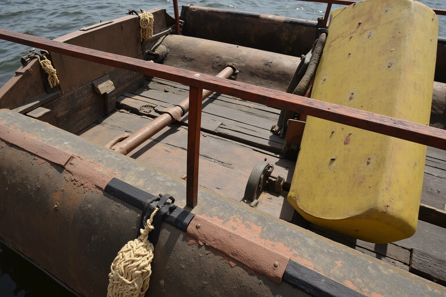 Vintage life raft with guardrails and safety equipment from 1880s-1900s era