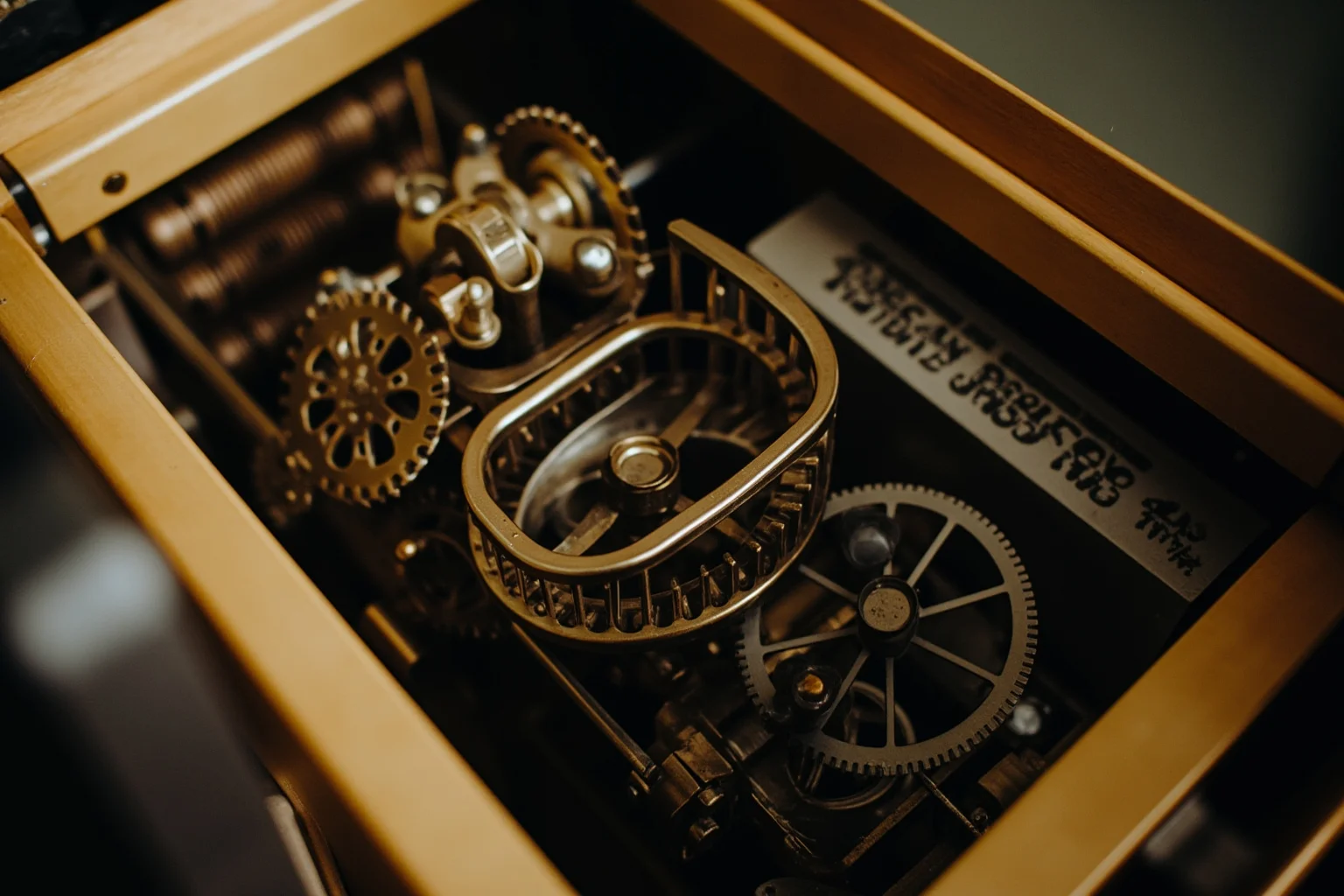 Vintage mechanical calculating engine with brass gears and a faint musical note motif