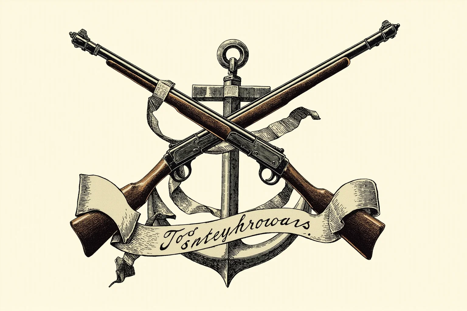 Vintage military emblem-style illustration of crossed rifles and an anchor with a ribbon banner, 19th-century aesthetic