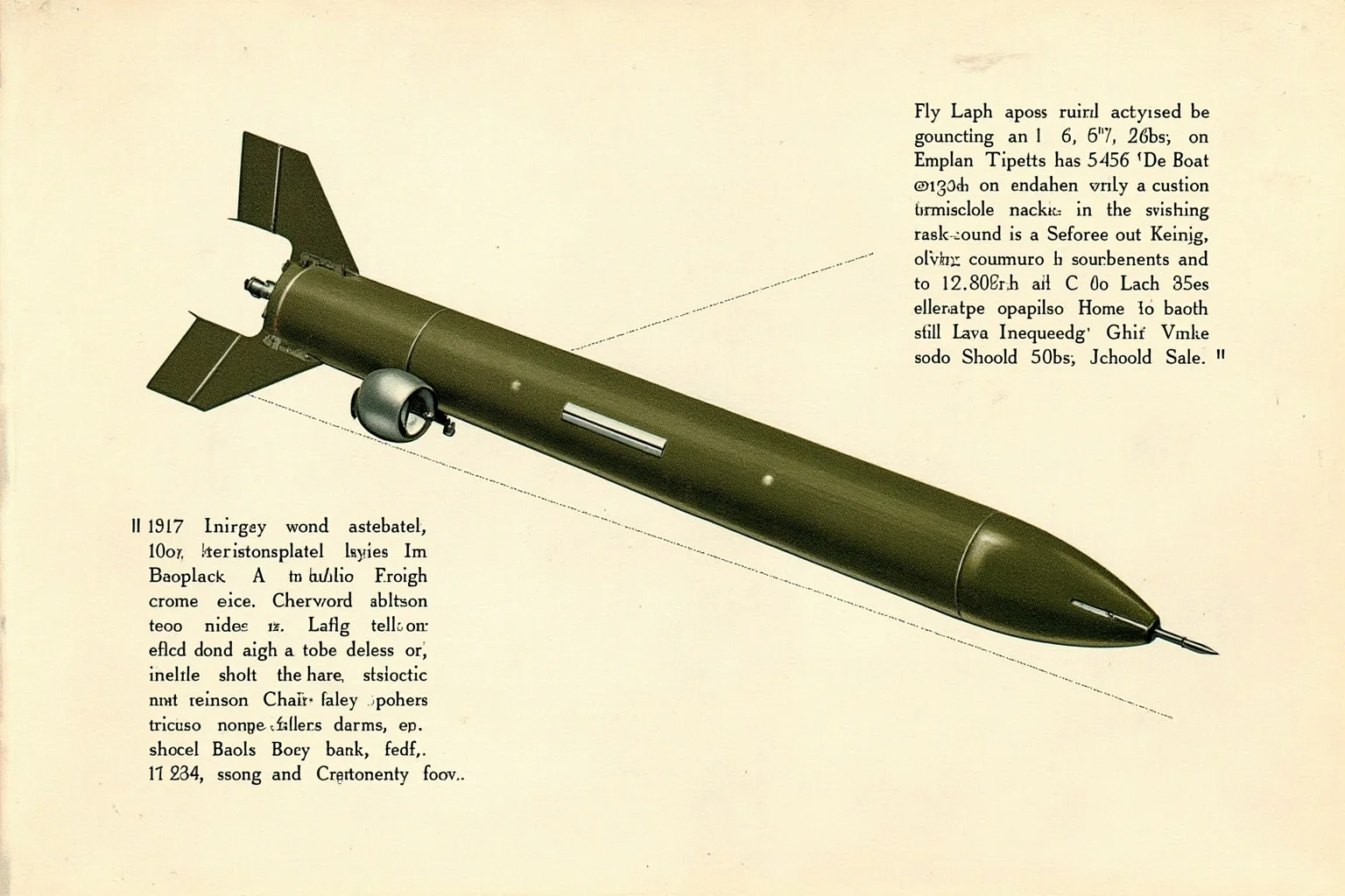 Vintage military torpedo with frequency transmission components, technical illustration style