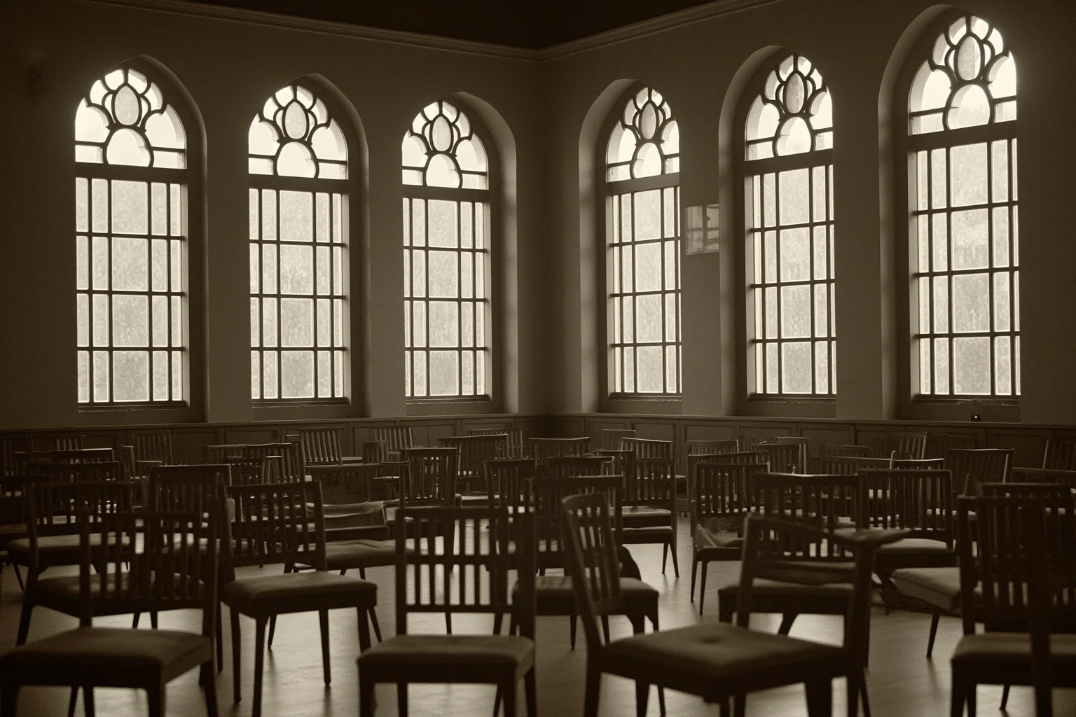 Best Nonfiction Books About WWI: The 25 Best WWI and WWII Reads 9 Vintage peace conference hall interior with grand windows and empty chairs, sepia tone