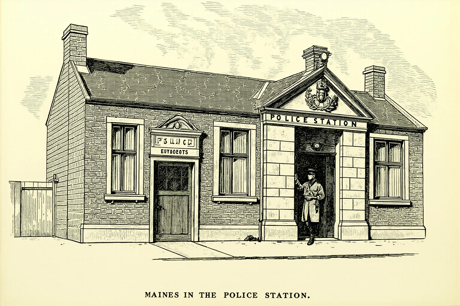 How an All-Female Gang Changed the Face of Crime in 19th Century London 16 Vintage police station exterior illustration with an officer standing at the door, early 20th century London
