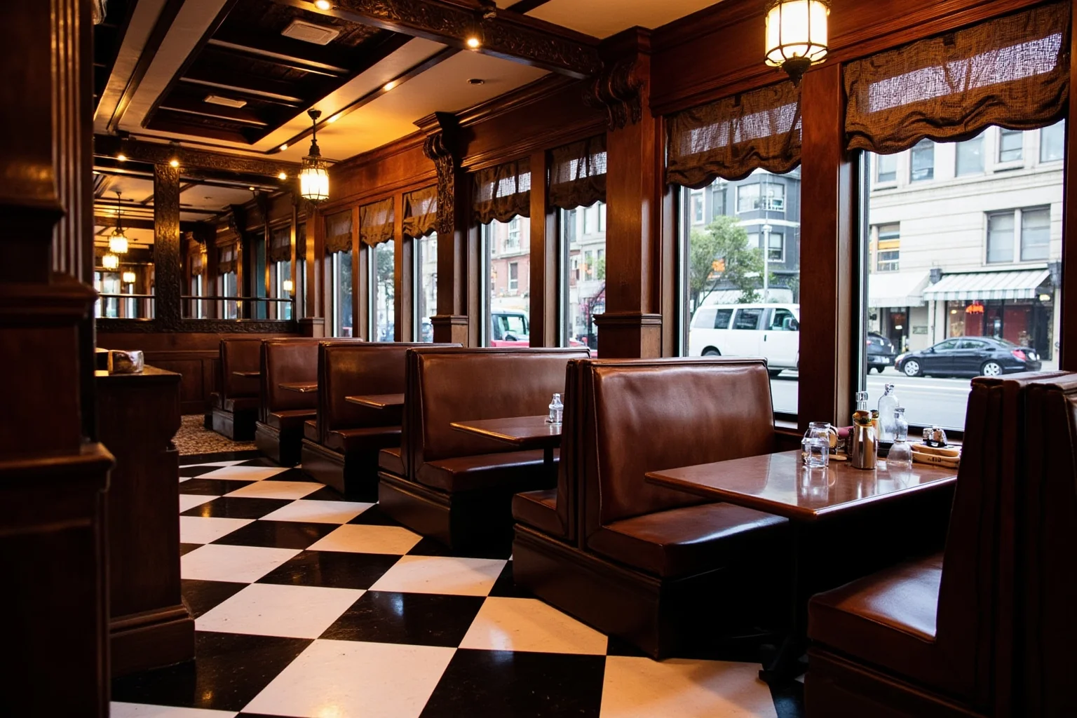 Vintage seafood grill interior with dark wood booths and black-and-white checkered floor, Gold Rush era San Francisco vibe
