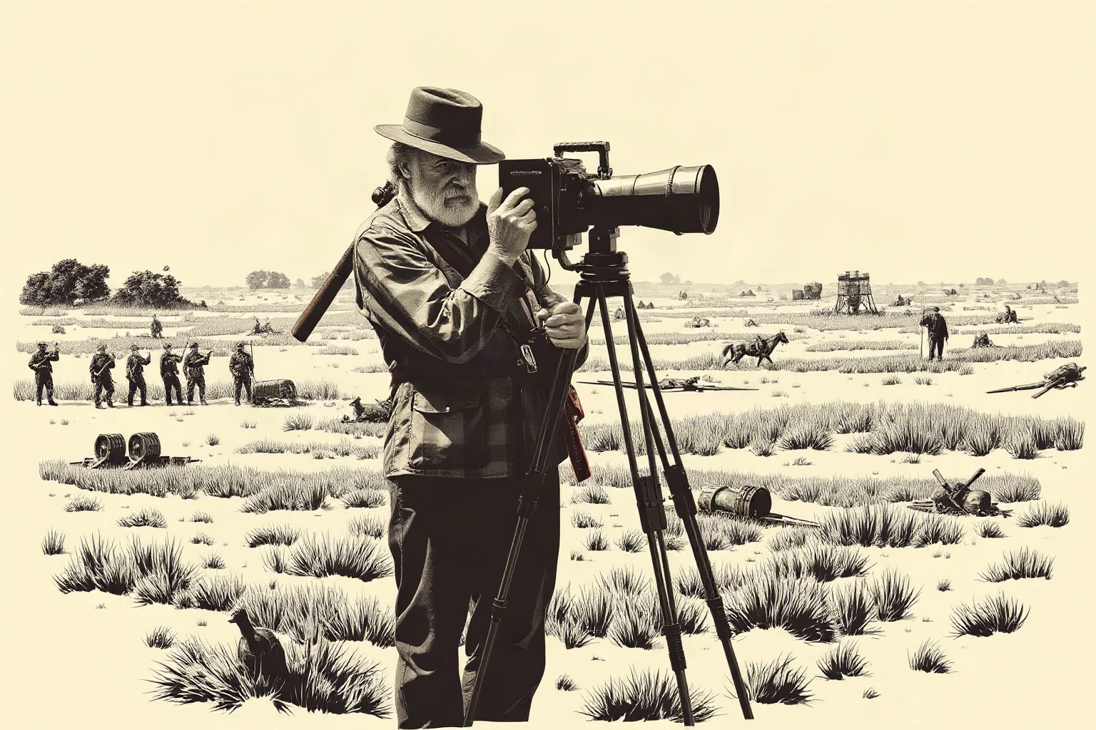 Vintage sepia-toned illustration of a Civil War battlefield being documented by a photographer with a large tripod camera