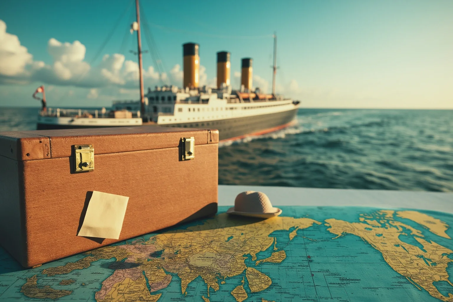 26 Famous Mark Twain Quotes (And the Ones He Never Actually Said) 6 Vintage steamship crossing the ocean with a suitcase and world map in the foreground