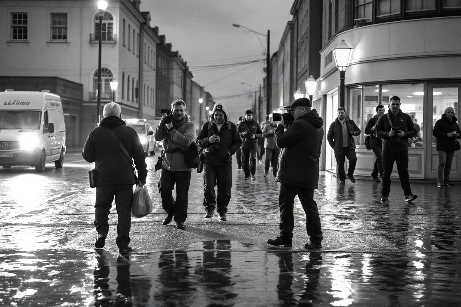 Vintage-style black-and-white photograph aesthetic of journalists documenting a flooded street