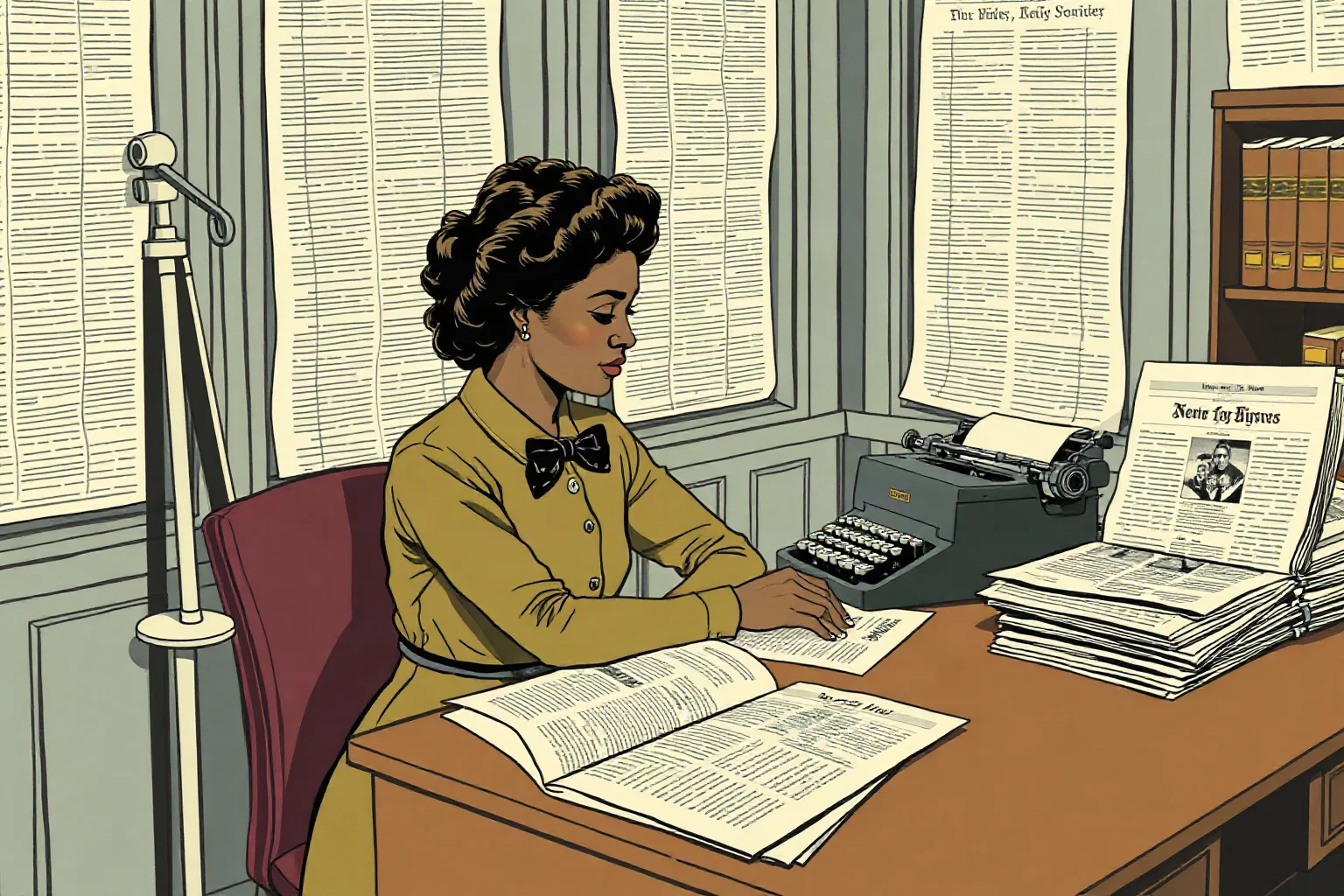 Vintage-style illustration of a Black woman journalist at a wooden desk with newspapers and a typewriter, early 1900s newsroom setting