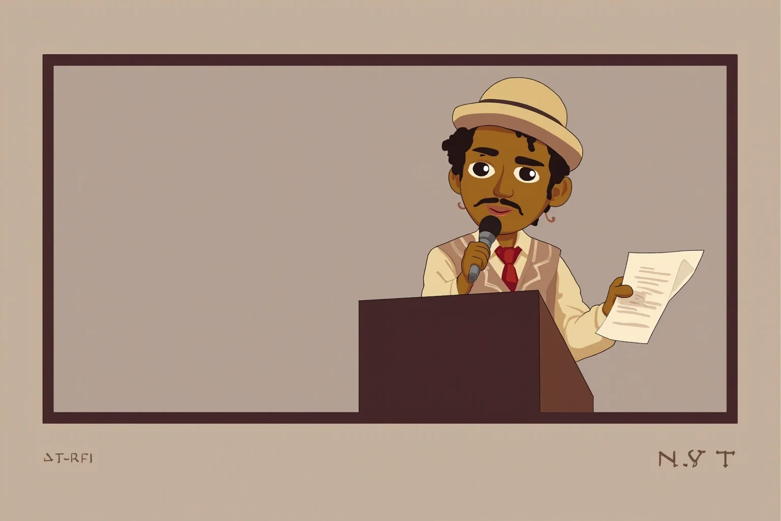 Vintage-style illustration of a Caribbean-American poet standing at a podium reading from a sheet of paper, 1920s clothing, muted color palette