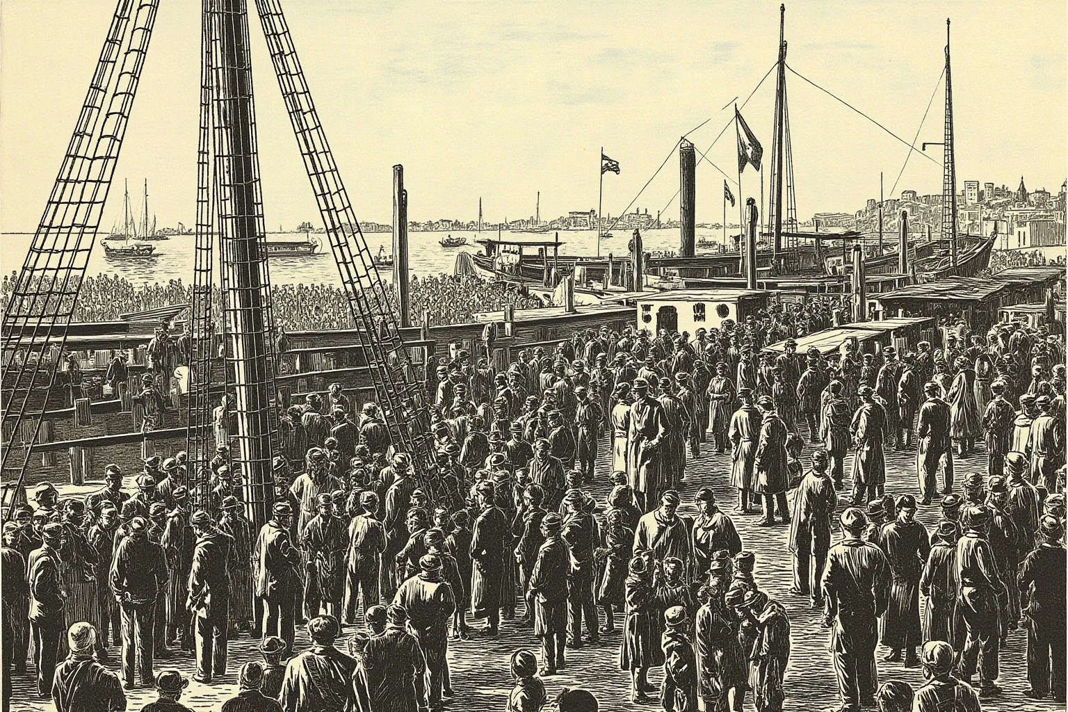 Vintage-style illustration of a crowded immigration dock scene from the early 1900s, ships in background