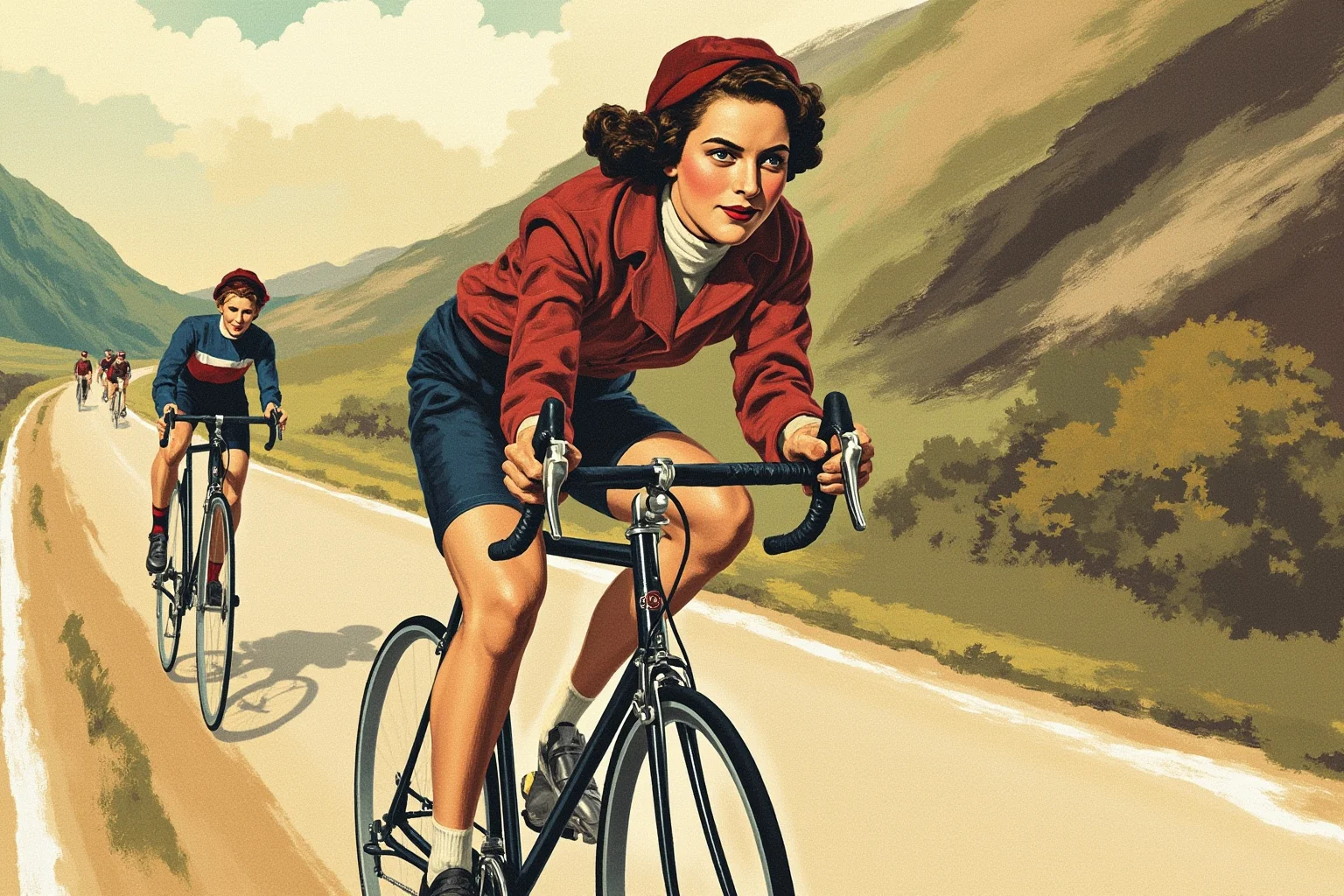 Female Athletes In History Who Changed The Game 5 Vintage-style illustration of a determined female cyclist in 1920s wool cycling gear racing uphill alongside male competitors on a mountain road