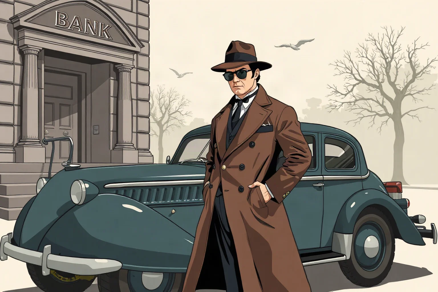 Vintage-style illustration of a fictional 1930s bank robber in a fedora and long coat standing beside an old car