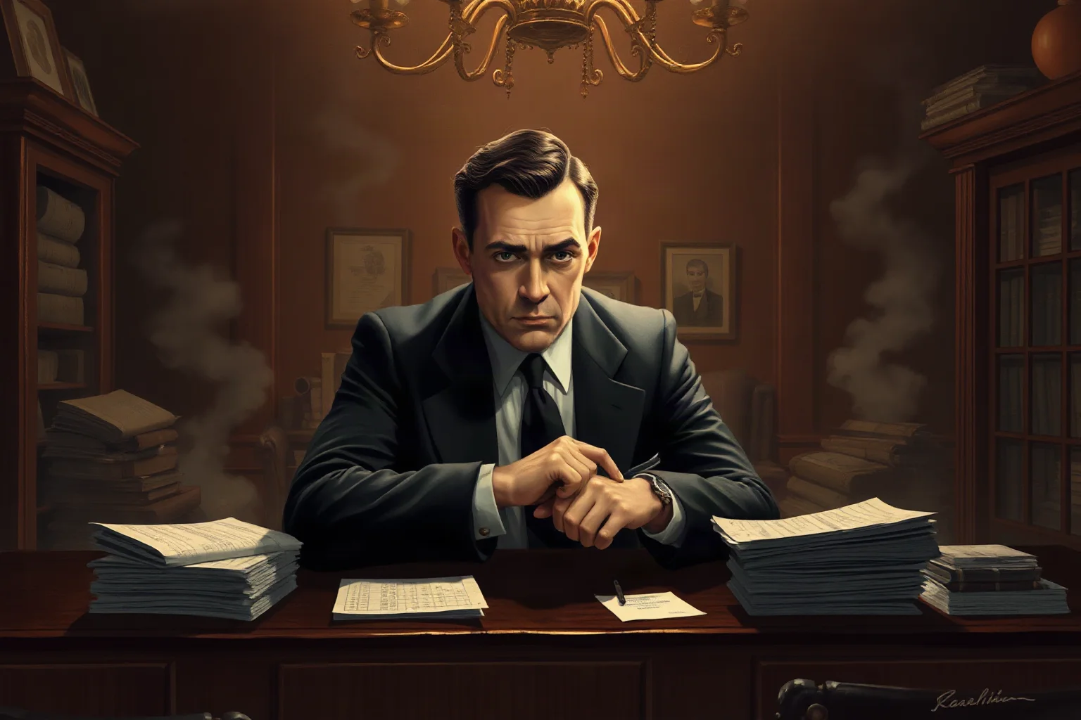 Vintage-style illustration of a fictional 1930s mafia organizer in a dark suit at a smoky backroom table with ledgers