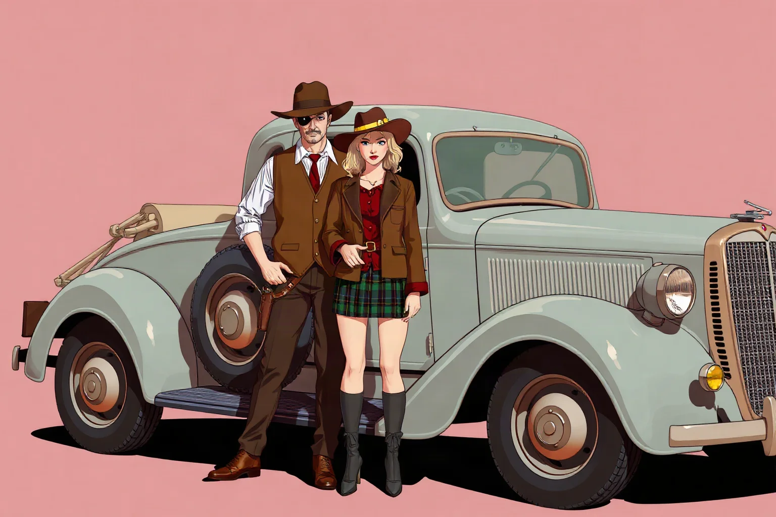 Vintage-style illustration of a fictional male and female outlaw duo standing beside a 1930s automobile