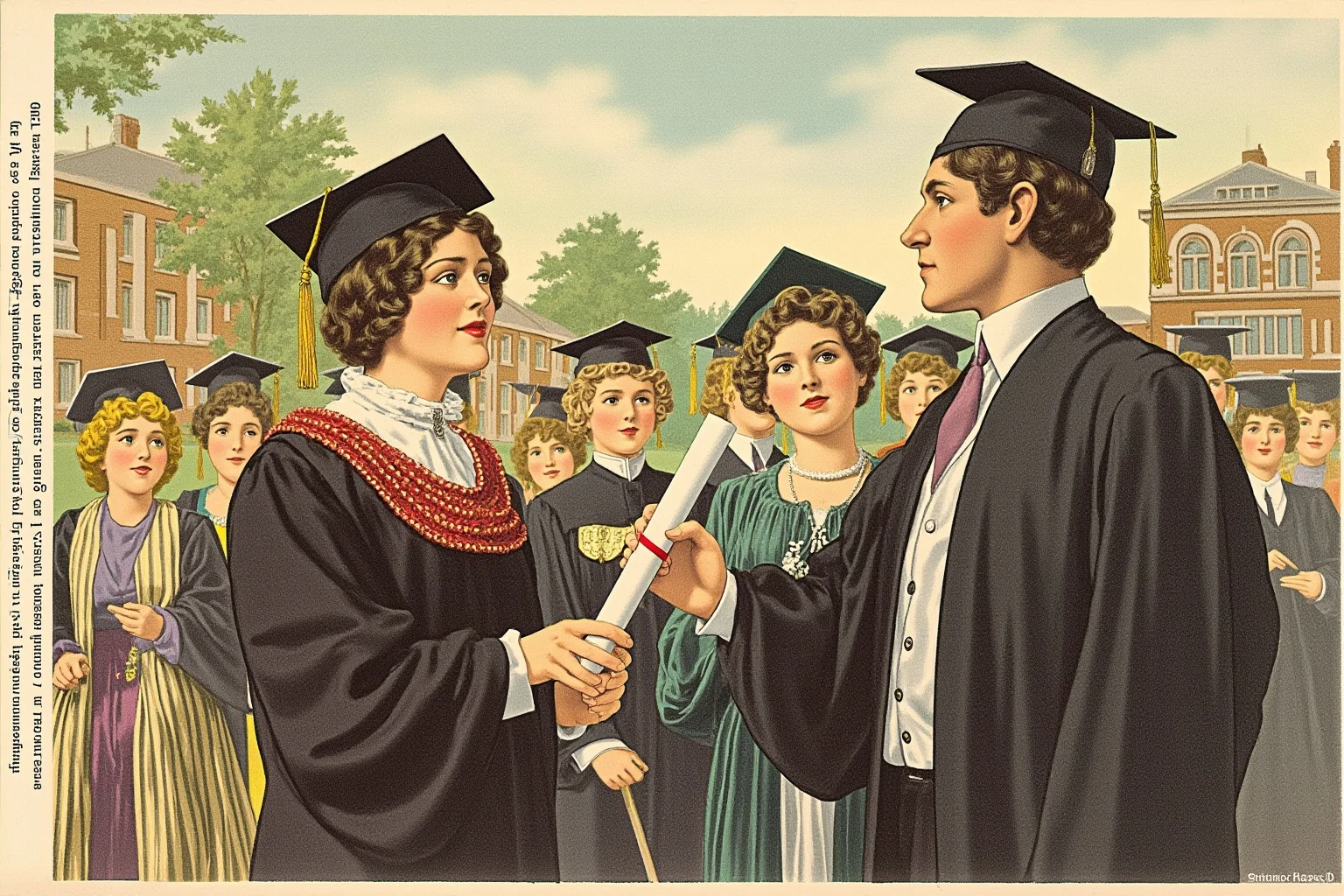 Vintage-style illustration of a graduation ceremony with a young woman in cap and gown receiving a diploma, early 1900s college campus