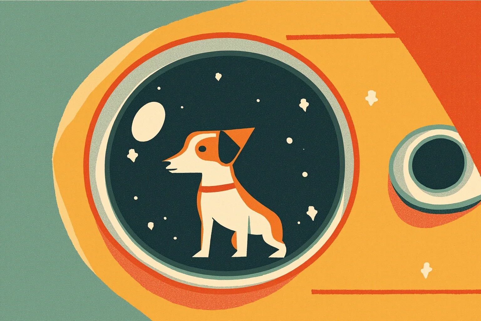 Facts About The Space Race: 25 Things Everyone Gets Wrong (or Right) 3 Vintage-style illustration of a small dog inside a rounded space capsule window, stylized and non-photorealistic