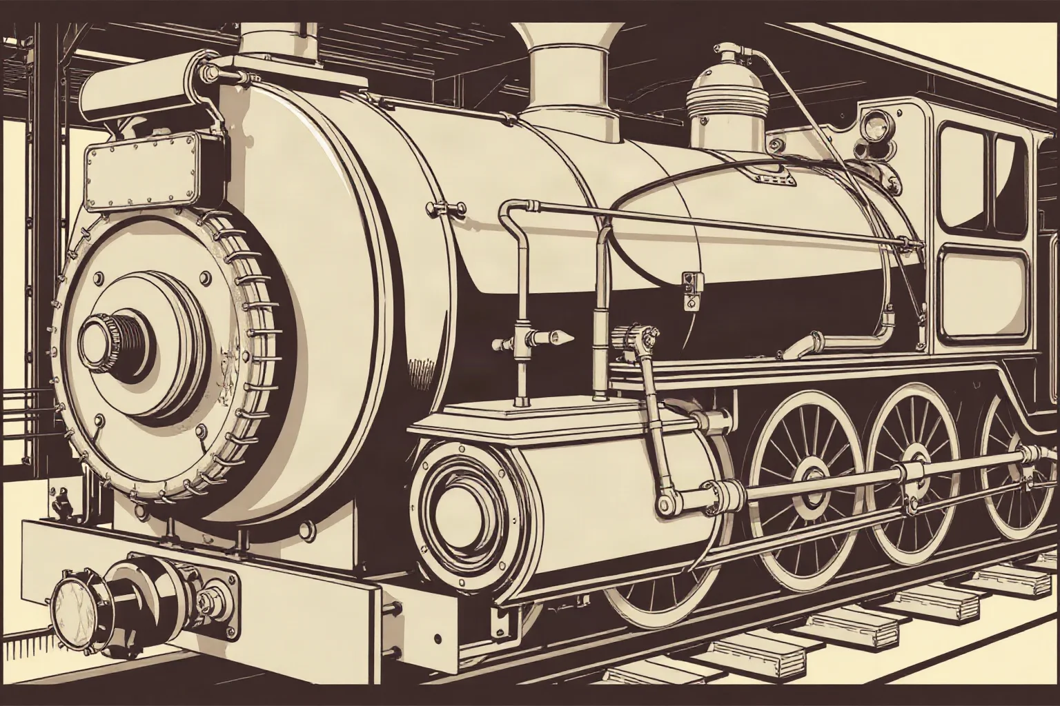 Vintage-style illustration of a steam train with a mechanical oiling device attached to its engine, 1800s railway setting