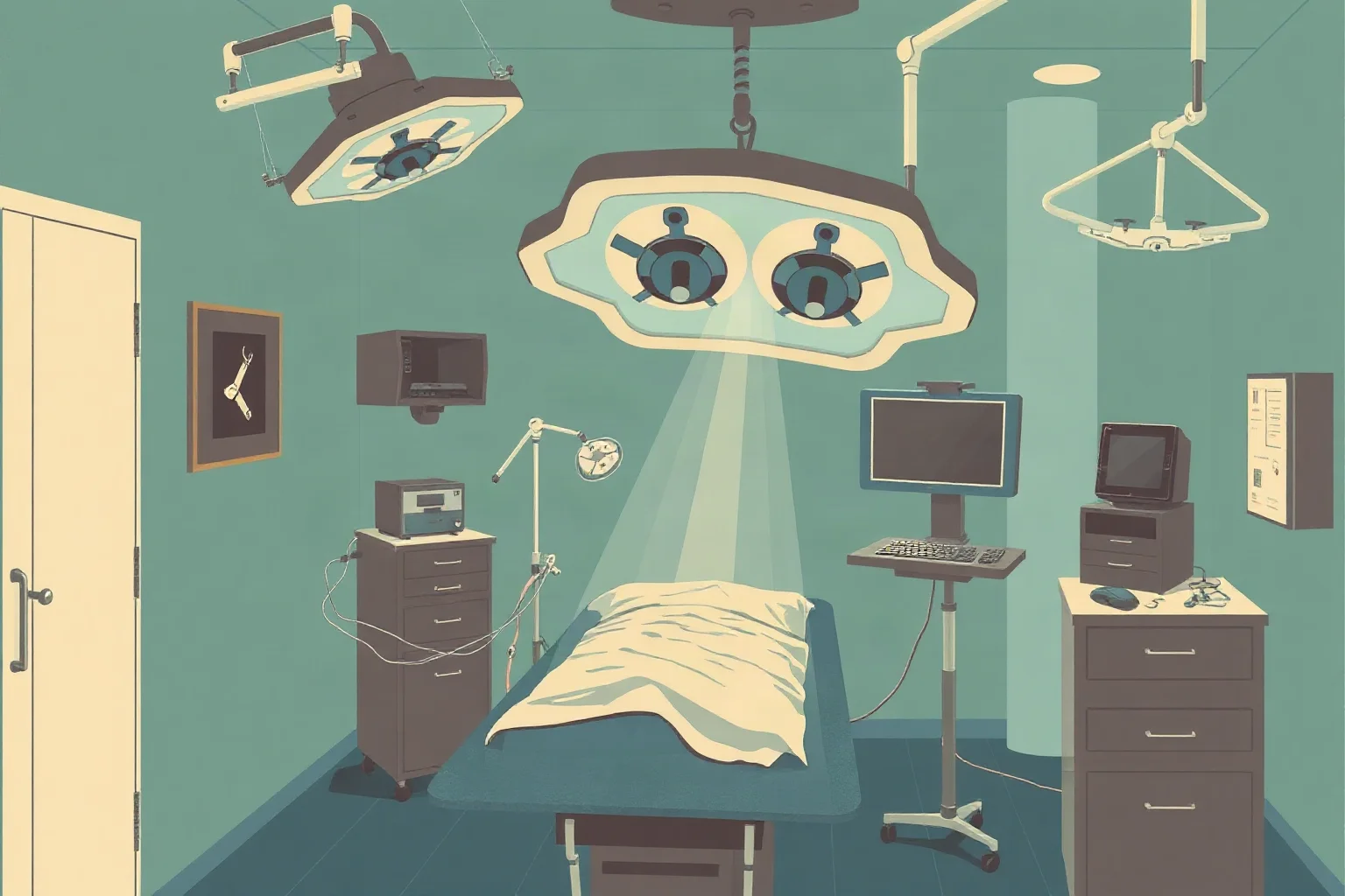 Vintage-style illustration of a surgical operating room with medical instruments, evoking 1950s Soviet science