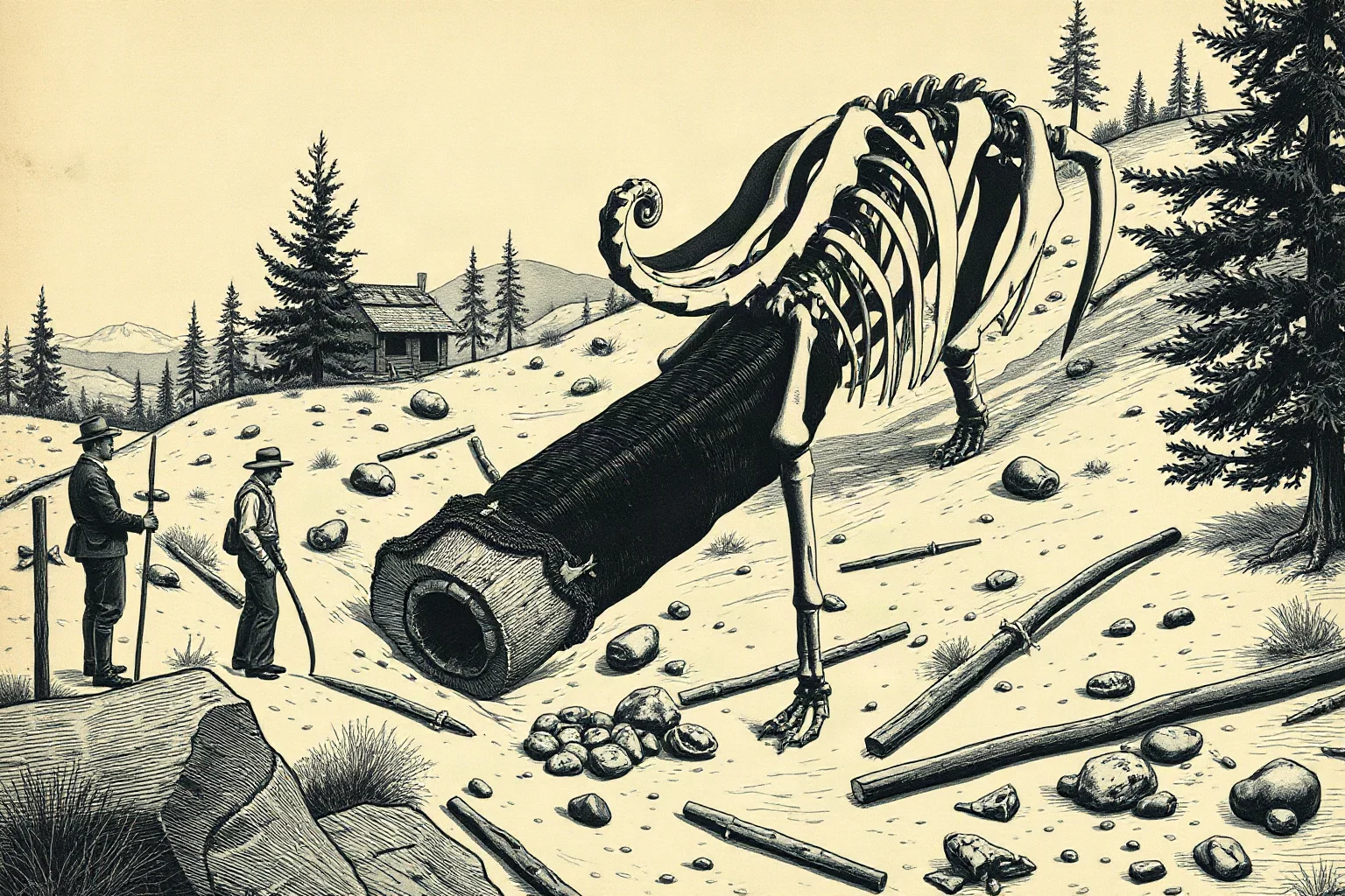 Vintage-style illustration of an early 1900s fossil excavation site in Montana with paleontologists working