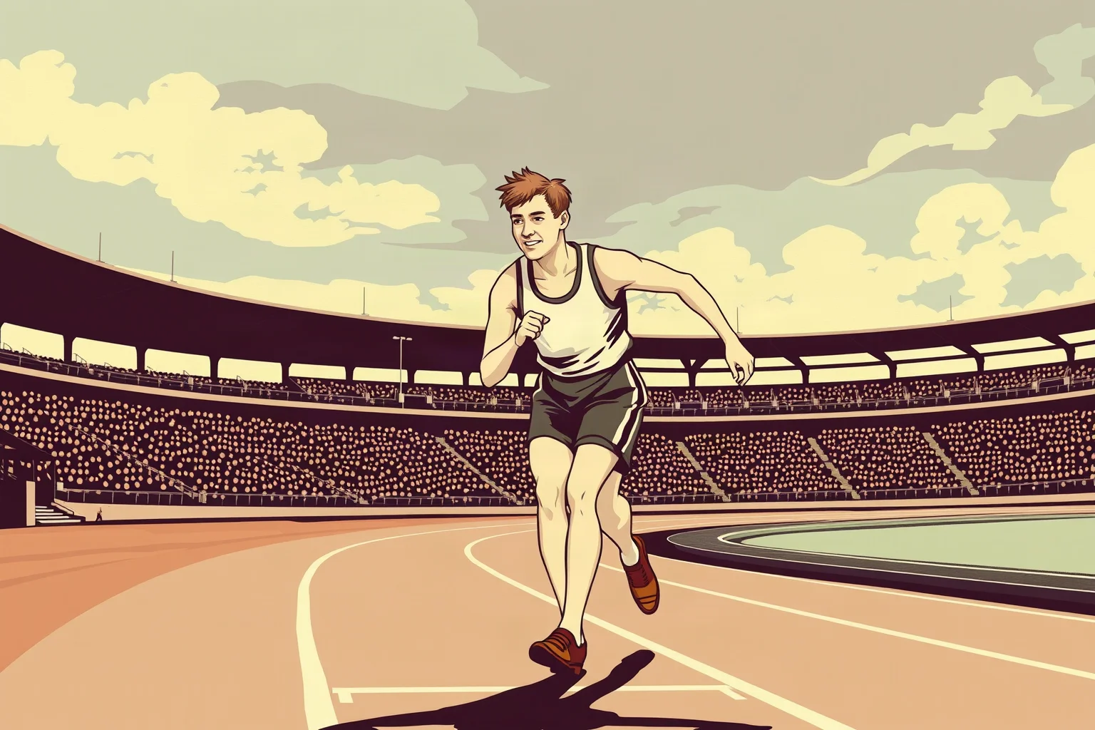 Vintage-style illustration of an early 1900s multi-sport athlete in track gear on a stadium track